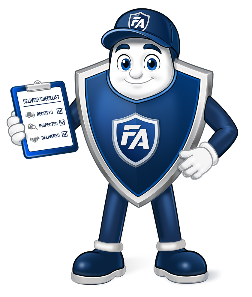 Mr. Assure, the FleetAssure mascot, holding a checkup clipboard
